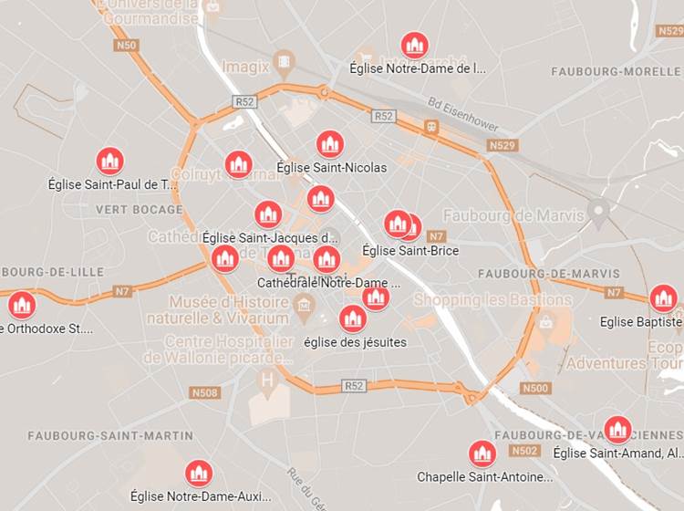 Carte des églises à Tournai