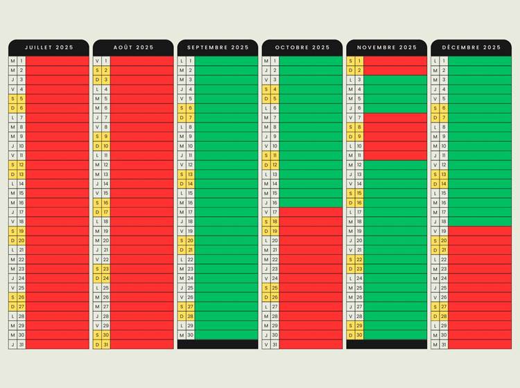 2025 Saisons Juillet Décembre (ROUGE-haute saison / VERT-basse sasison)