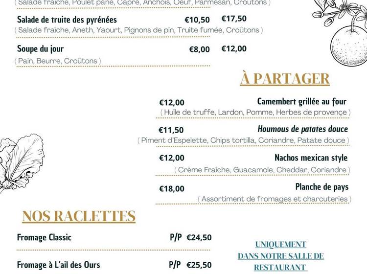 Menu Hôtel Alphée - Restaurant Barèges / Entrées