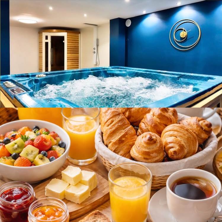 Petit-déjeuner gourmand dans l’espace spa privatif Le Magnolia avec jacuzzi et sauna (photo non contractuelle)