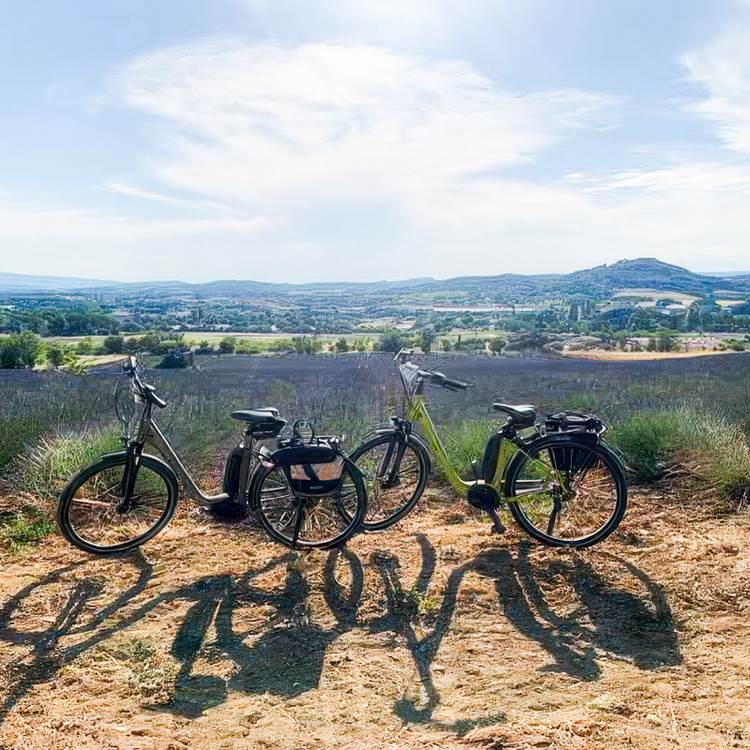 Vélos électriques devant paysage provençal
