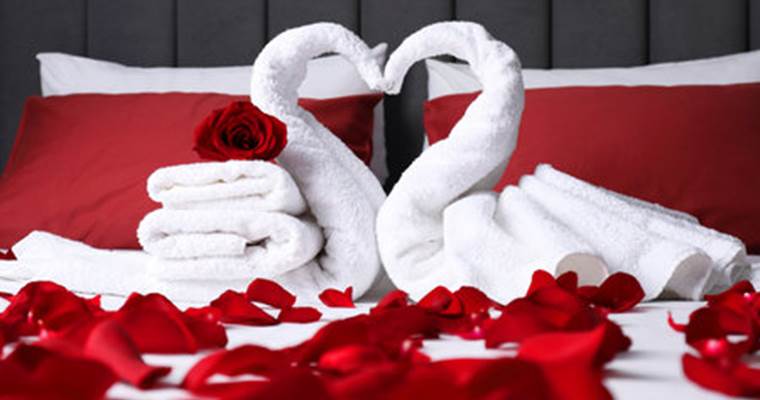 230242263-honeymoon-swans-made-with-towels-and-beautiful-rose-petals-on-bed
