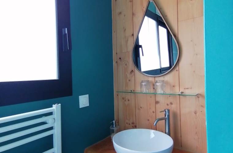 Salle d'eau avec douche et lavabo. Les serviettes et un sèche-cheveux sont fournis