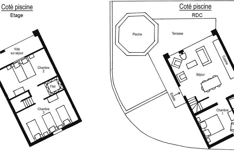 Plans du rez-de-chaussée et de l'étage de la Portsallaise côté piscine