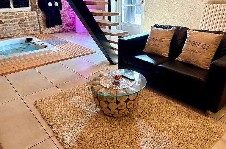 Salon avec grande TV gîte " des anges et des bulles"