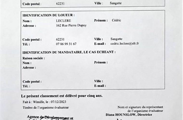 Attestation classement 2 étoiles O de Mer