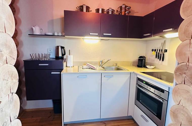 Cuisine avec plaque induction, four traditionnel et micro-ondes, lave vaisselle, belle vaisselle