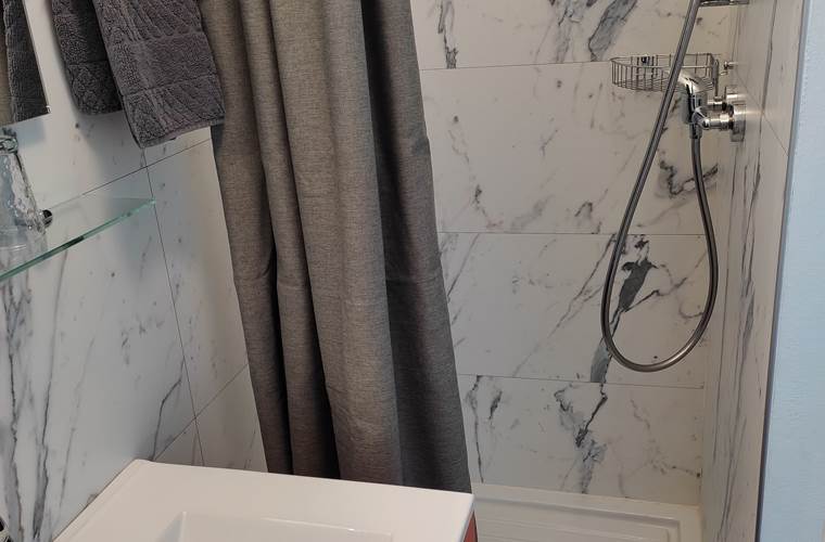 Chambre 1, vasque et douche.