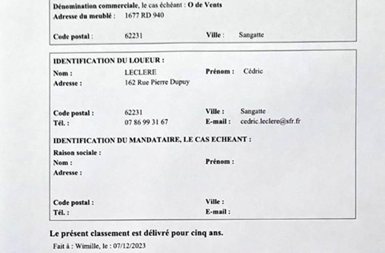 Attestation Classement 3 étoiles O de Vents
