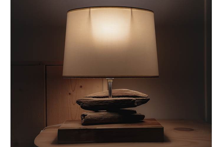 Décor de rêve, les objets de nos chambres sont crées ou chinés puis relookés. Ici création d'une lampe de chevet en bois flotté