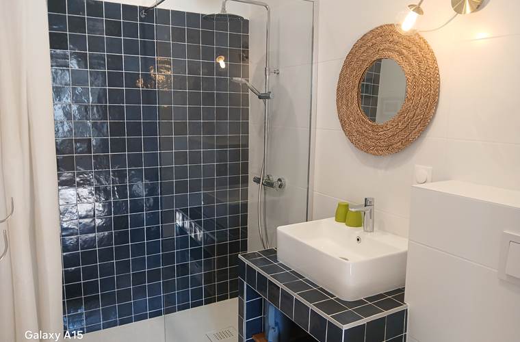 Salle d'eau particulière, avec une douche à l'italienne et des toilettes.
