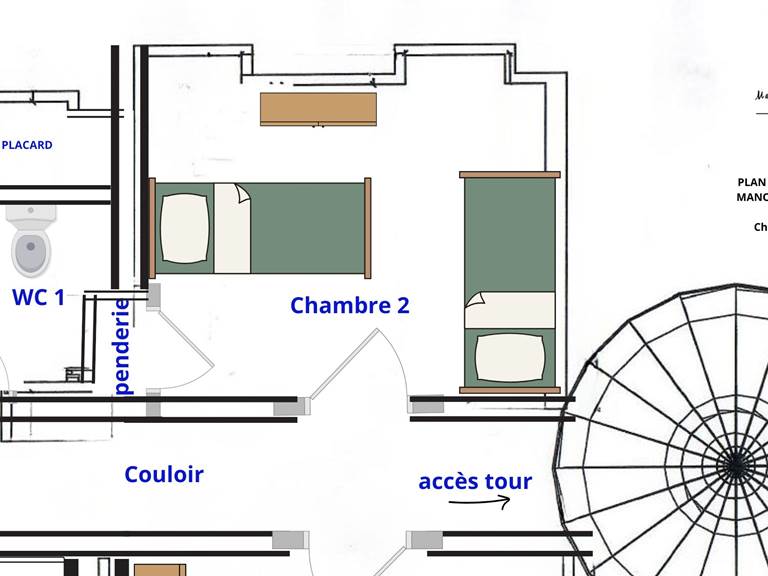 Chambre côté rue du Manoir du Colombier avec 2 lits simples, têtes de lit anciennes, lanternes de calèche et vue sur la chapelle romaine du village.
