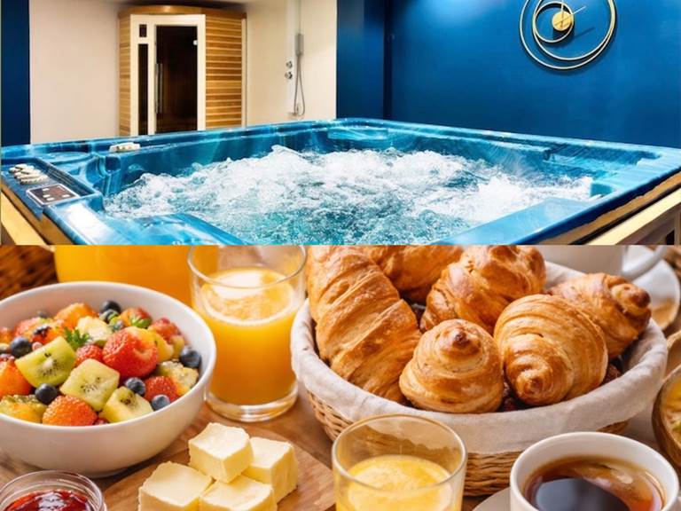 Petit-déjeuner gourmand dans l’espace spa privatif Le Magnolia avec jacuzzi et sauna (photo non contractuelle)