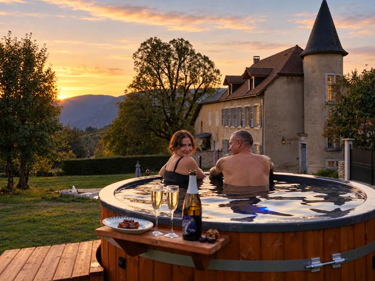 Bain nordique au coucher du soleil, au pied du Grand Colombier