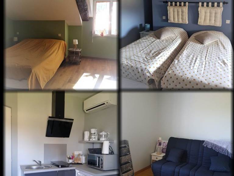 Appartement T3 composé de deux chambres indépendantes, chacune avec sa salle d’eau et WC, reliées par un espace commun avec cuisine et coin repas.