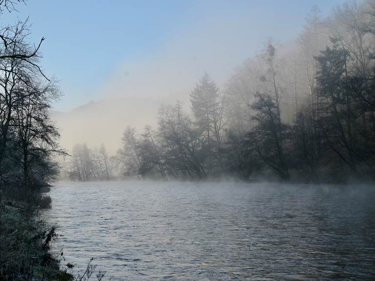 Een mysterieuze ochtendmist stijgt op boven de rivier tegenover de ecolodge