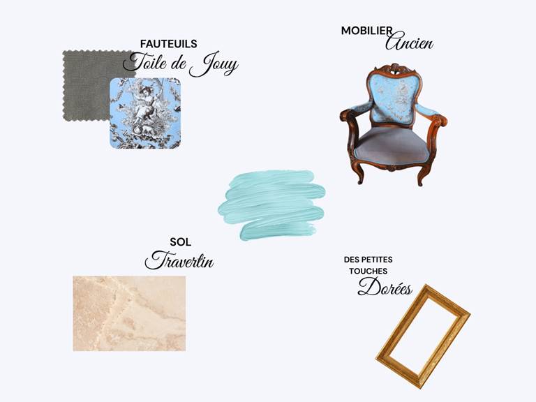 Mobilier et matières du salon du gîte, projet déco – ouverture mai 2026.