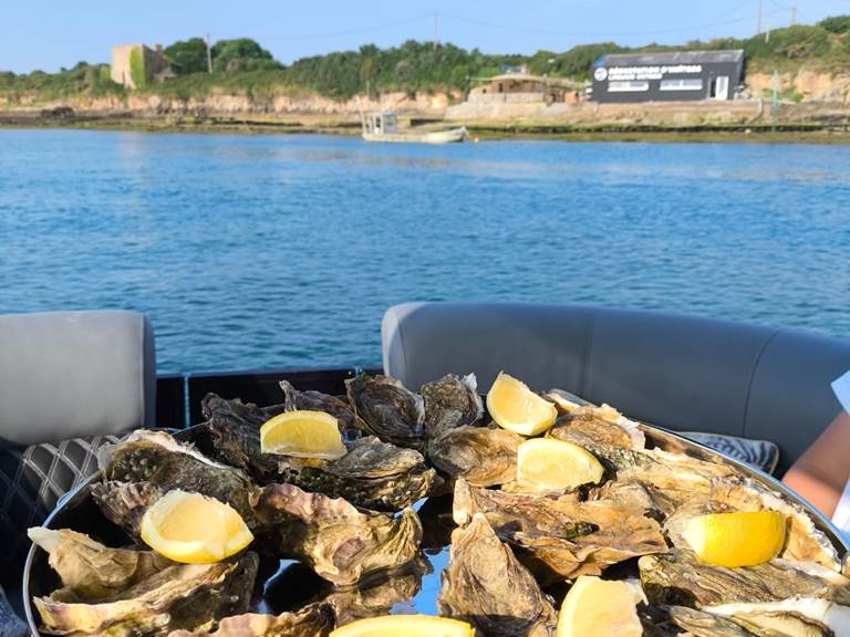 plateau d'huitre-balade-réservation-afterwork-sunset-privatisation-luxe-vacances-bateau-morbihan-ria-etel
