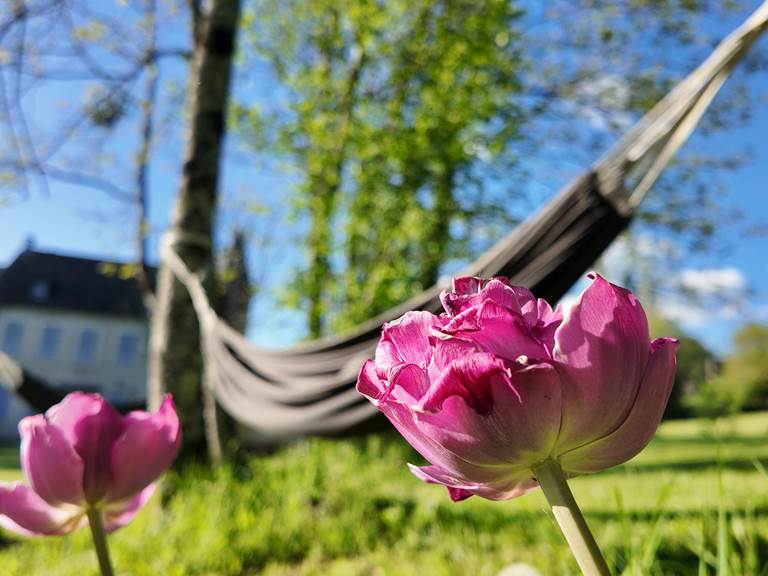 Hamac fleuri avec vue sur le Manoir du Colombier, au pied du Grand Colombier dans l’Ain
