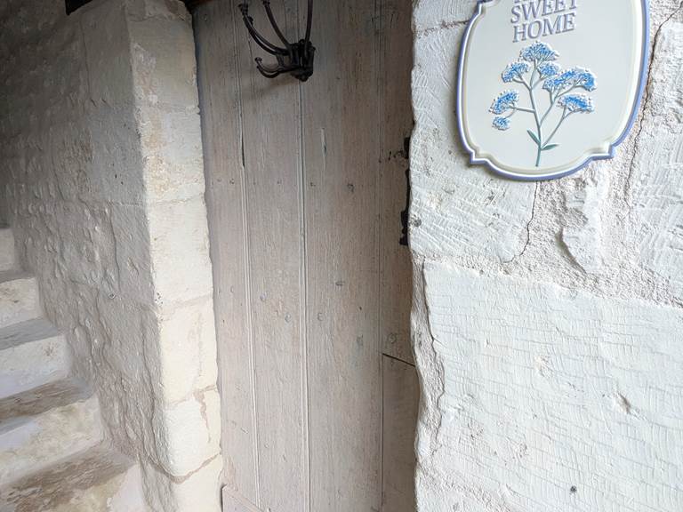 An original stone entrance and staircase leads to the rustic interior at Tuffeau Sunsets, Jaulnay Gites de Famille..