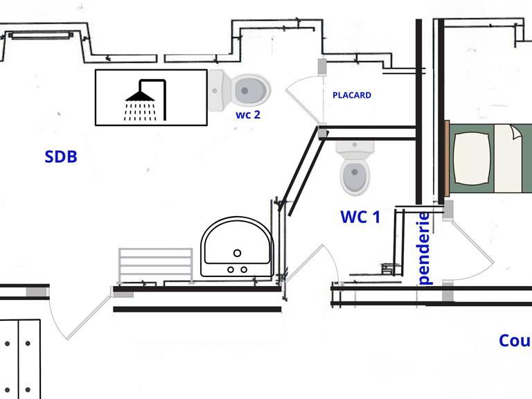 Salle de bain du Manoir du Colombier : douche à l'italienne en travertin et carreaux de ciment, meuble vasque marbre et bois, et coin buanderie.