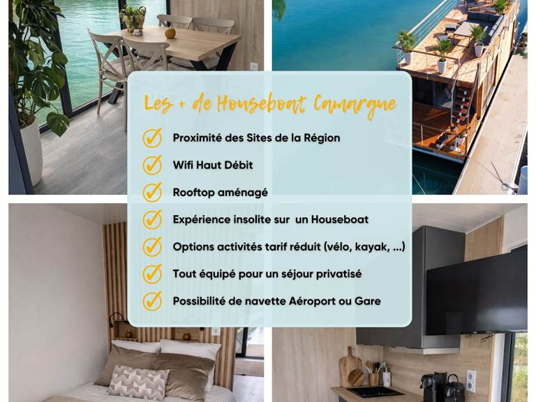 Houseboat tout équipé offrant confort moderne, terrasse panoramique et espaces de vie lumineux. Un hébergement unique sur l’eau, idéal pour profiter d’un cadre naturel paisible et dépaysant.