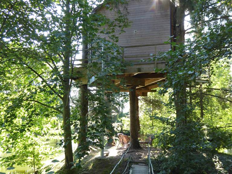 Cabane dans les arbres sur l'île accessible par une passerelle