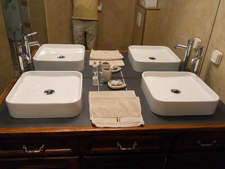 La salle de douche de la chambre Agapanthe vous attend pour un délicieux moment. Douche avec jets orientables, 2 vasques, produits d'hygiène à votre disposition : shampoing, gel douche, savon. Un sèche-cheveux et un radiateur chauffant complètent l'ensemble. Vous avez à votre disposition 2 serviettes de bain et 2 serviettes pour les mains.