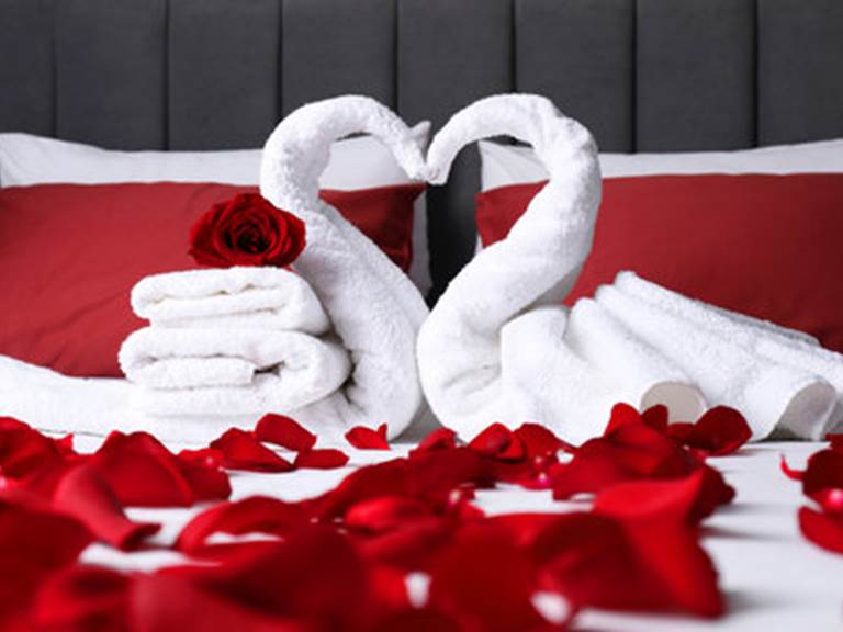 230242263-honeymoon-swans-made-with-towels-and-beautiful-rose-petals-on-bed