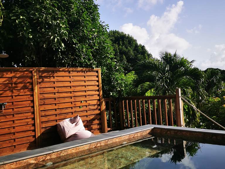 Les Jardins des Balisiers Gîte Balisiers vue terrasse extérieur