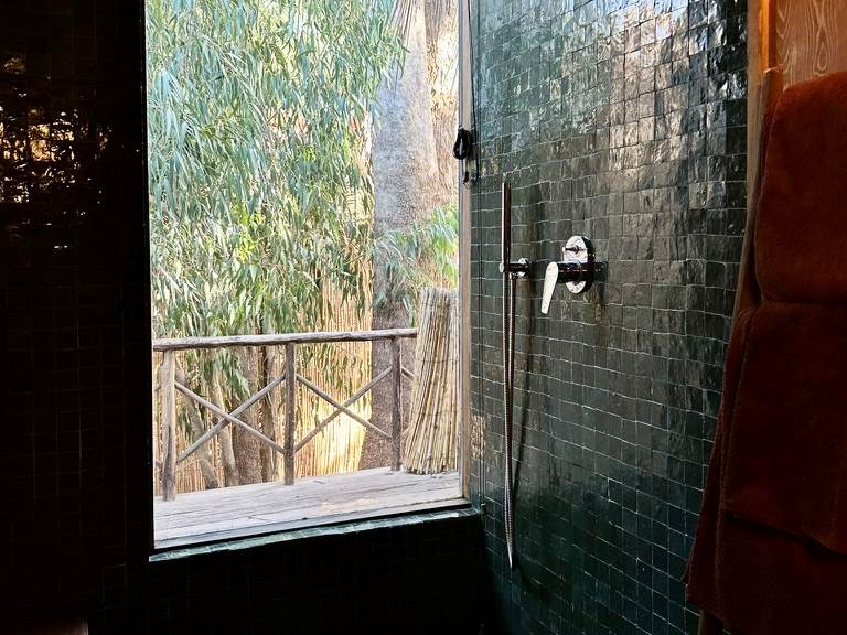 Sur les murs, zelliges traditionnels, bois exotique vous accompagnent pour un moment douche baigné de lumière et de nature...