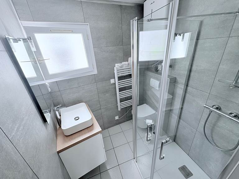 Maison Réthaise 2 – Salle d’eau lumineuse Espace soigné avec équipements modernes et rangements, pensé pour votre bien-être au cœur du centre-village.