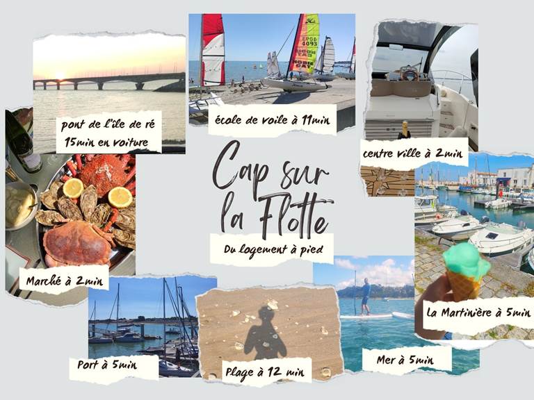 Du logement à pied, l’Île de Ré à portée de pas Au cœur du village de La Flotte, tout est accessible à pied : le charme d’un port typique, les halles gourmandes, les plages et les activités nautiques. Laissez la voiture de côté !