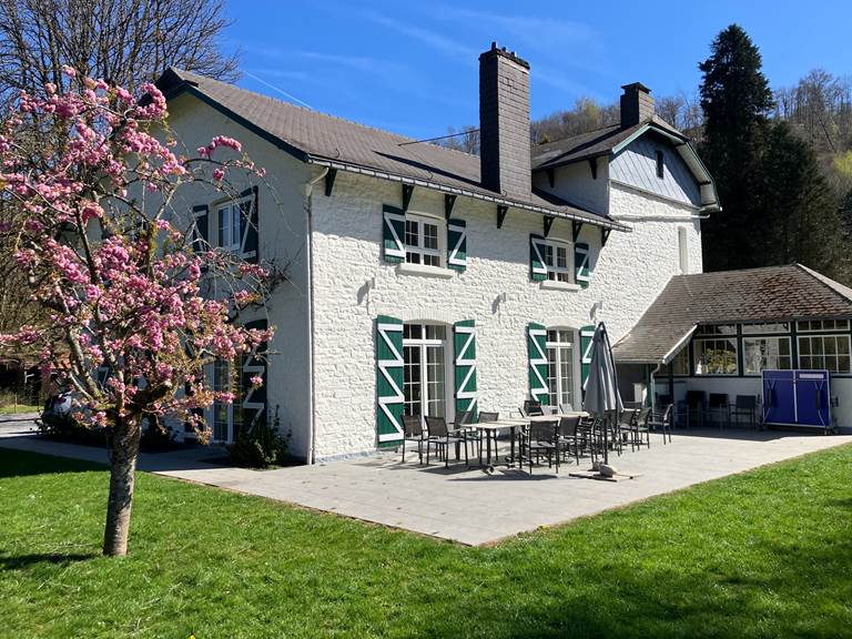 In de lente bloeit de kersenboom voor het huis in prachtige roze tinten