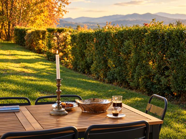 Terrasse avec vue sur les montagnes du Bugey en automne