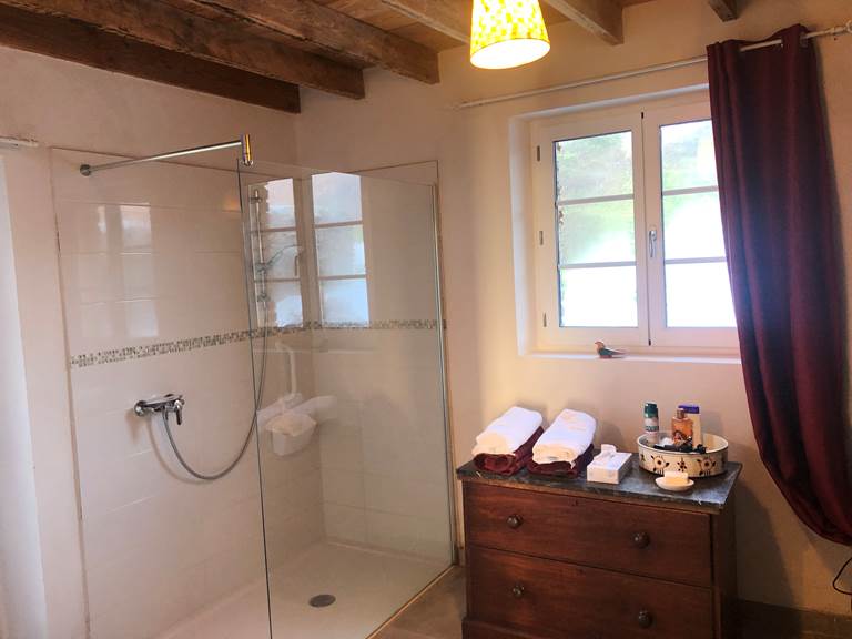 une grande salle de bain lumineuse avec douche xxl