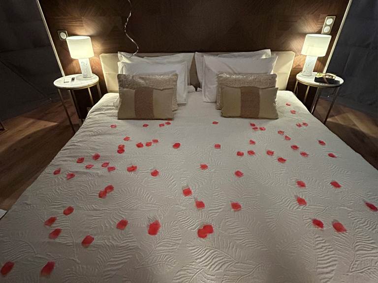 pétales de roses sur lit