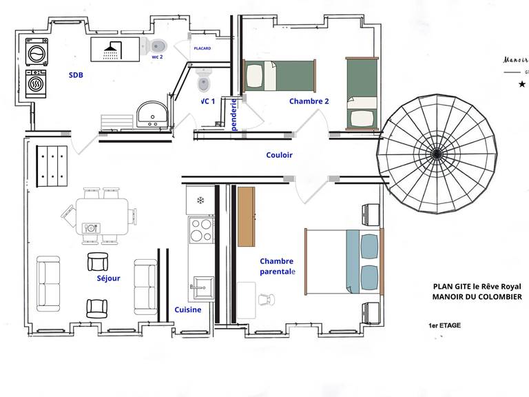 Plan du gîte Rêve Royal au 1er étage du Manoir du Colombier, alliant confort moderne et charme authentique avec vue sur les montagnes du Bugey.
