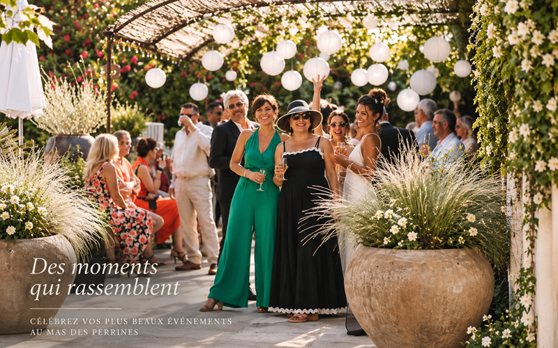 "Sous la pergola, l'élégance se mêle à la convivialité pour des moments de partage et de célébration au Mas des Perrines"