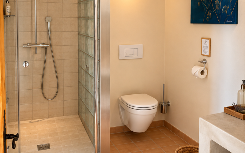 "La salle d'eau privative de la chambre Bleu de Céruléum, avec sa douche spacieuse, dans une atmosphère douce et naturelle"