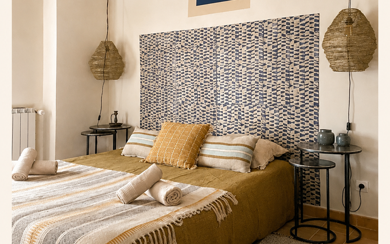 Chambre Bleu Outremer-un caractère où le bleu profond dialogue avec les matières naturelles et l'esprit artistique du Mas"