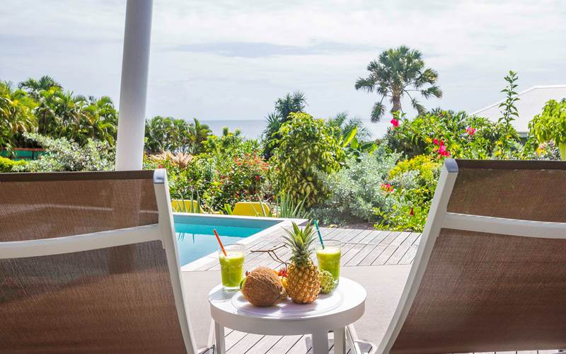 Iguane House villas & Micro Spa Villa Corail pause gourmande en terrasse vue mer