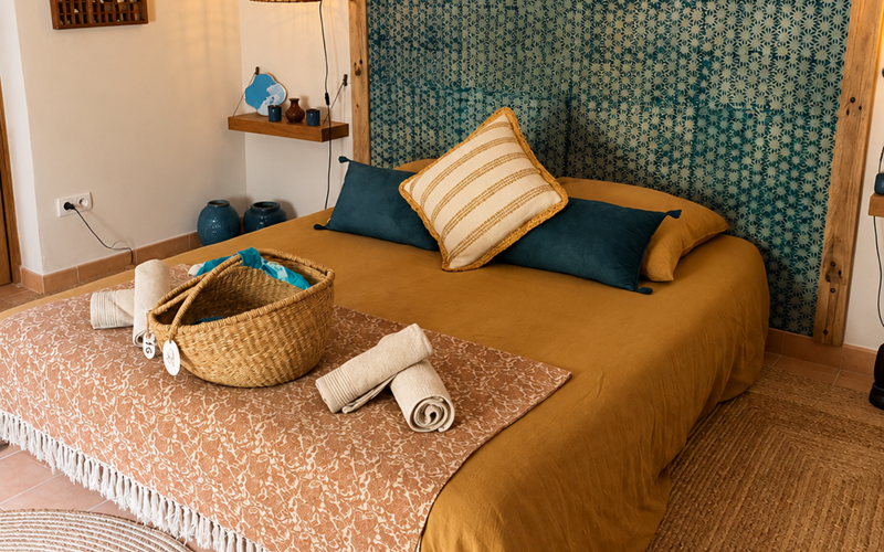 La chambre bleu de Céruléum, où la tête de lit aux nuances profondes dialogue avec les matières naturelles et les objets choisis avec soin."