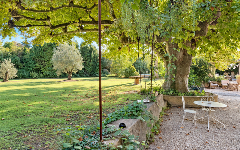 "À l'ombre des arbres centenaires, le parc du Mas invite à profiter pleinement de la douceur provençal"