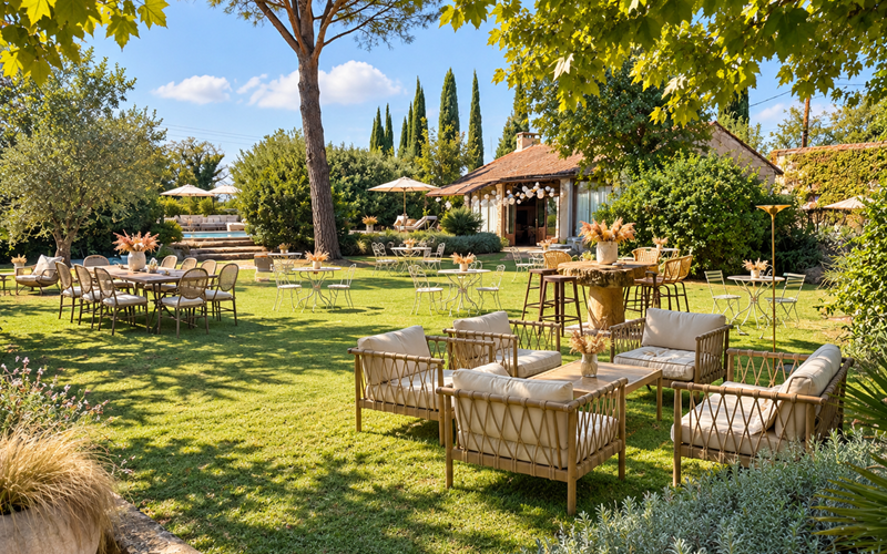 "Dans les jardins du Mas, anniversaire et célébrations prennent des airs de garden-party provençale, entre  nature, élégance et douceur de vivre"