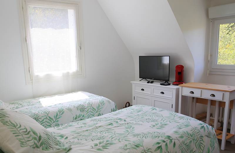 Chambre Pinson - Lits jumeaux - Coin Télé et table petit déjeuner