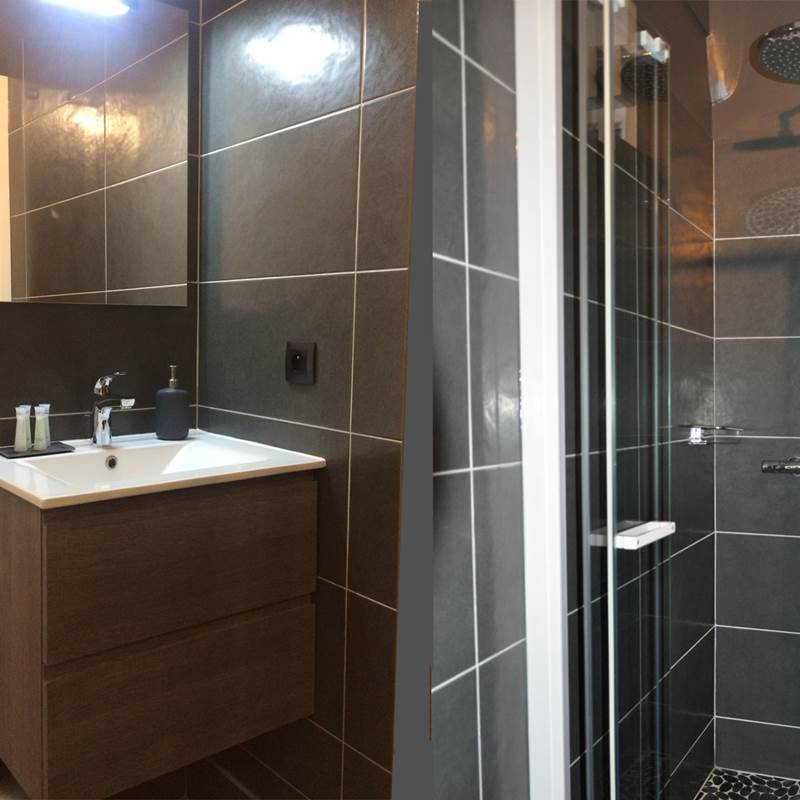 Salle de bain avec douche et toilettes