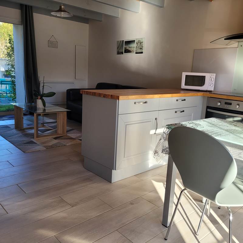 Vue d'ensemble cuisine et salon avec la baie vitrée donnant sur l'extérieur