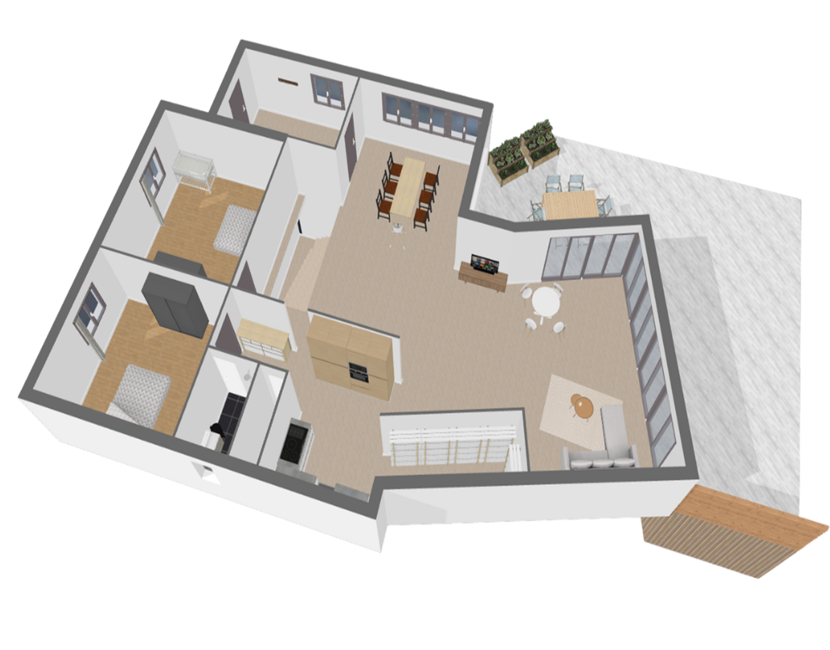 plan 3d avec extérieur du rez de chaussée / 3d plan with ground floor exterior