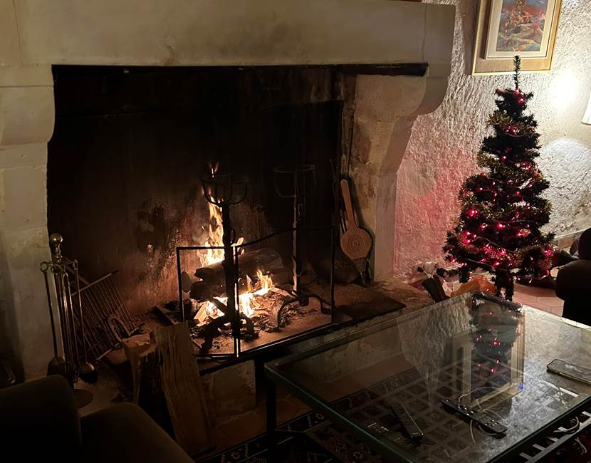 feu de cheminée et sapin de noel maison garesché